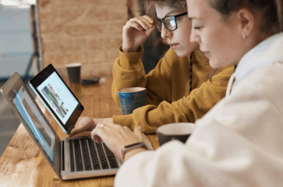 Women Comparing Pictures from Their Laptop and Tablet