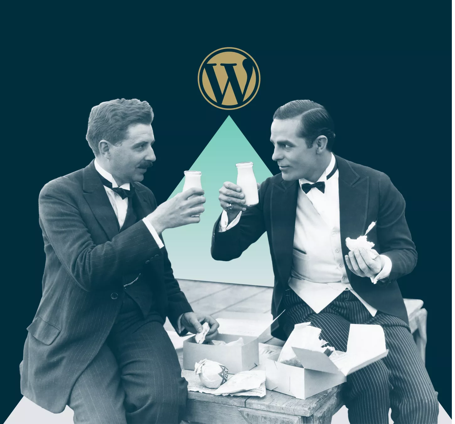 Two Men Drinking with WordPress Logo on Top