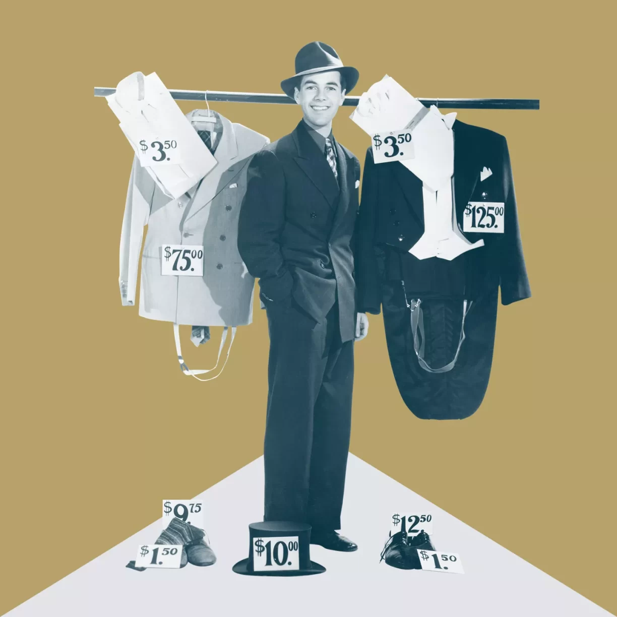 A Young Man in Suit Selling Retro Clothes