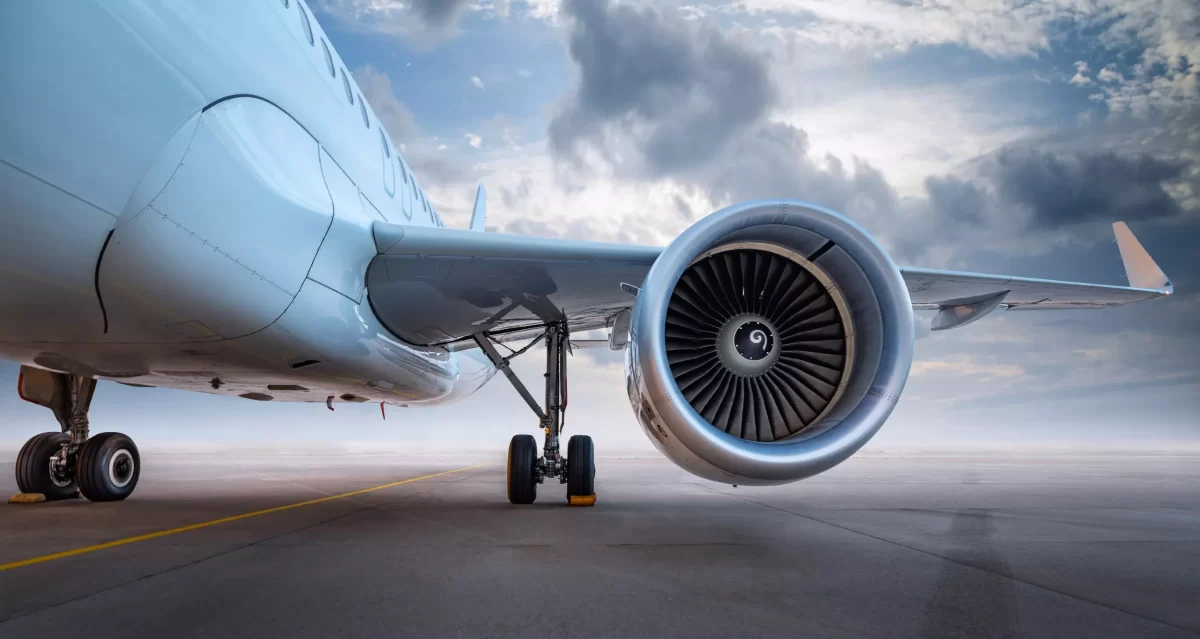 Airplane Wing and Engine Closeup View